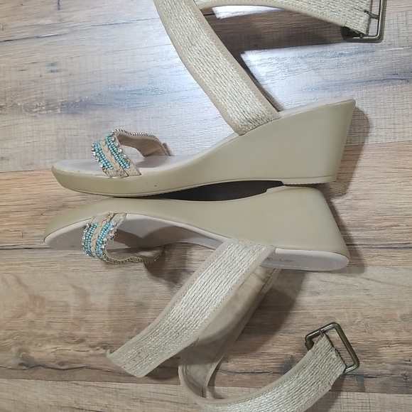 SKEMO Beige, Rhinestone & Turquoise Beaded Wedge Ankle Wrap Sandals - Picture 6 of 14